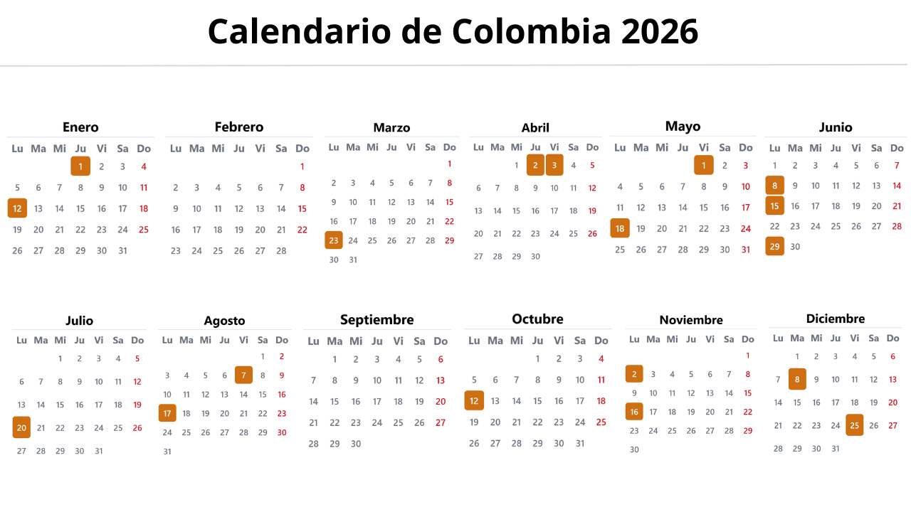 Calendario de Colombia 2026 con festivos