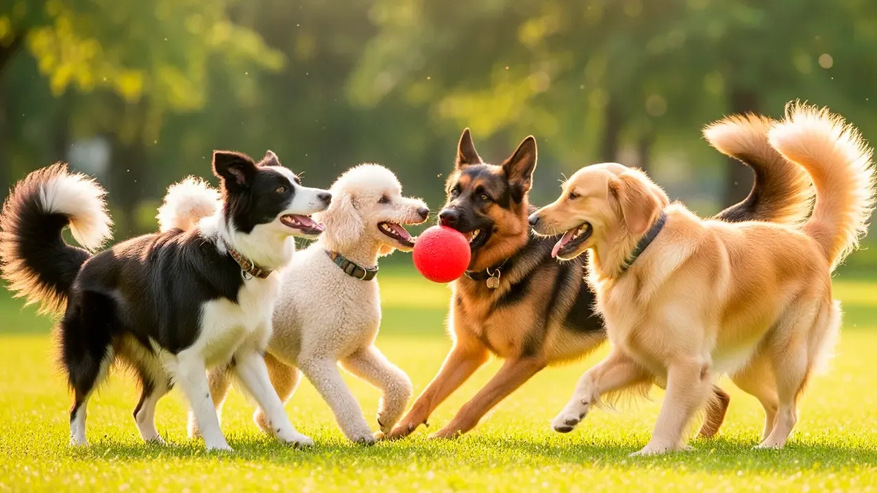 En la foto:  4 perros jugando con una pelota roja